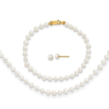 14k 3-4mm White Freshwater Cultured Pearl 14 inch Necklace / 5 inch Bracelet / Post Earrings 3-piece Set