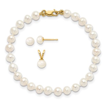 14k 4-5mm White Freshwater Cultured Pearl Pendant/5 inch Bracelet/Post Earrings 3-piece Set