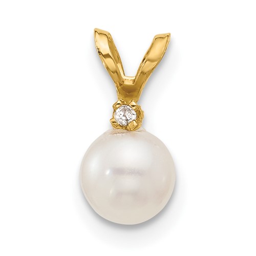 14k 5-6mm Round White Freshwater Cultured Pearl Diamond Pendant