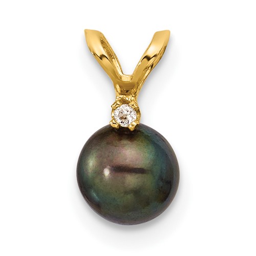 14K 5-6mm Round Black FWC Pearl and .01ct Diamond Pendant