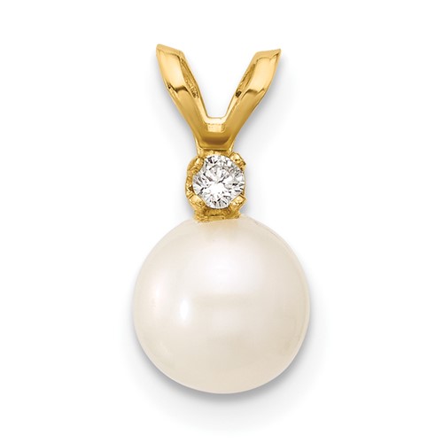 14k 6-7mm Round White Freshwater Cultured Pearl Diamond Pendant