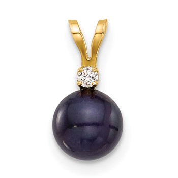 14k 6-7mm Black Round Freshwater Cultured Pearl and .03 Carat Diamond Pendant