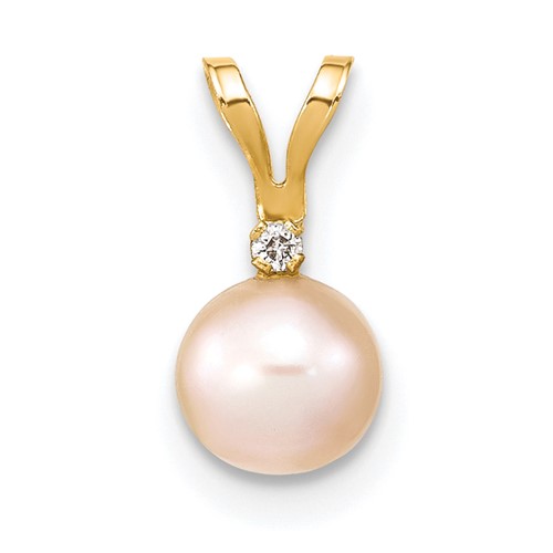 14k 5-6mm Round Pink Freshwater Cultured Pearl Diamond Pendant