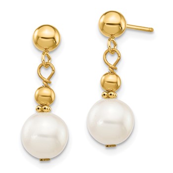 14K 7-8mm White Semi-round Freshwater Cultured Pearl Post Dangle Earrings — alternate view