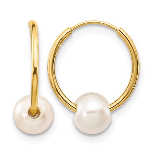 10k 5-6mm White Semi-round Freshwater Cultured Pearl Endless Hoop Earrings