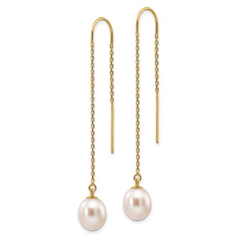 14k 7-8mm White Rice Freshwater Cultured Pearl Dangle Threader Earrings — alternate view