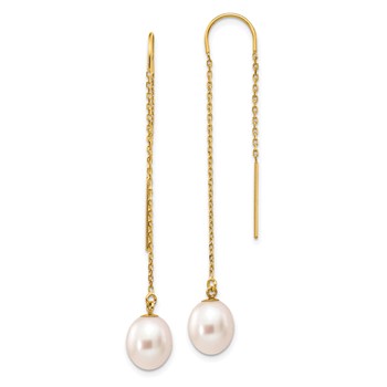 14k 7-8mm White Rice Freshwater Cultured Pearl Dangle Threader Earrings