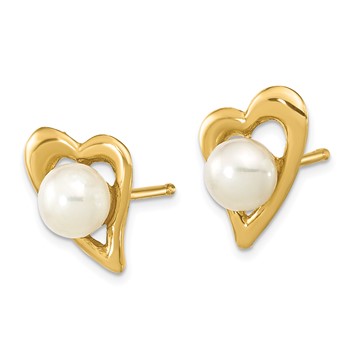 14k 3-4mm White Button Freshwater Cultured Pearl Heart Post Earrings — alternate view