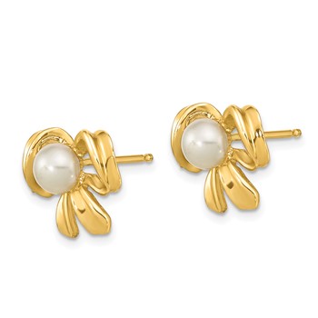 14k 3-4mm White Button Freshwater Cultured Pearl Bow Post Earrings — alternate view