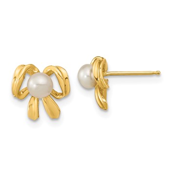 14k 3-4mm White Button Freshwater Cultured Pearl Bow Post Earrings
