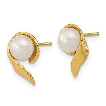 14k 5-6mm White Button Freshwater Cultured Pearl Post Earrings — alternate view
