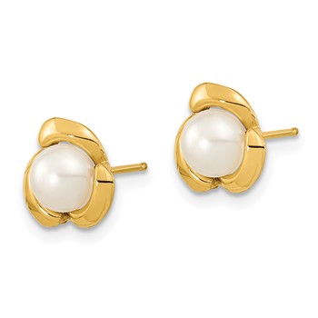 14k 5-6mm White Button Freshwater Cultured Pearl Flower Post Earrings — alternate view