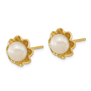 14k 5-6mm White Button Freshwater Cultured Pearl Flower Post Earrings — alternate view
