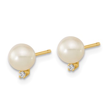 14k 5-5.5mm White Round Freshwater Cultured Pearl and CZ Post Earrings — alternate view