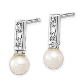 14k White Gold 3-4mm White Round Freshwater Cultured Pearl and .02 carat Diamond Bar Post Earrings — alternate view