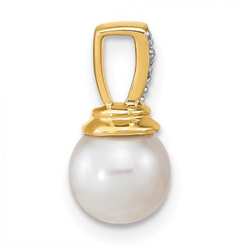 14k 6-7mm Button White Freshwater Cultured Pearl and Diamond Pendant — alternate view