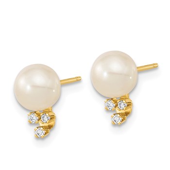 14k 6-7mm White Round Freshwater Cultured Pearl and .06 Carat Diamond Post Earrings — alternate view