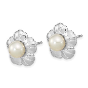 14k White Gold 5-6mm White Button Freshwater Cultured Pearl Flower Post Earrings — alternate view