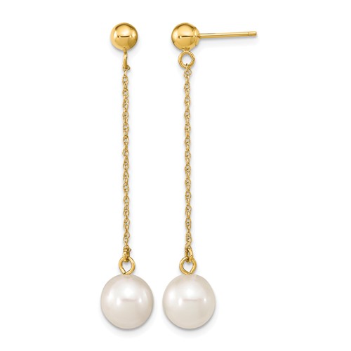 10k 7-8mm White Round Freshwater Cultured Pearl Dangle Post Earrings