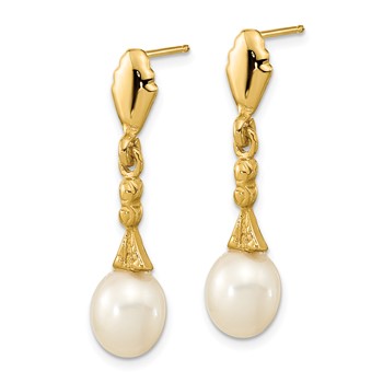 14k 5-6mm White Teardrop Freshwater Cultured Pearl Post Dangle Earrings — alternate view