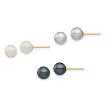14k 6-6.5mm White/Grey/Black Round Freshwater Cultured Pearl 3 Pair Stud Post Earrings Set