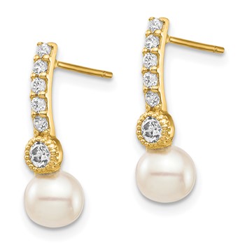 14K 6mm White Semi-round Freshwater Cultured Pearl CZ Post Drop Earrings — alternate view
