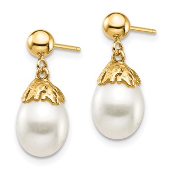14K 7-8mm White Rice Freshwater Cultured Pearl Post Dangle Earrings — alternate view