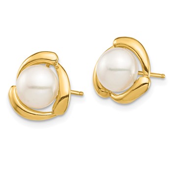 14K 7-8mm White Button Freshwater Cultured Pearl Post Earrings — alternate view