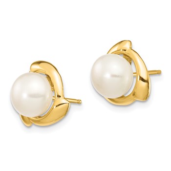 14K 7-8mm White Button Freshwater Cultured Pearl Post Earrings — alternate view