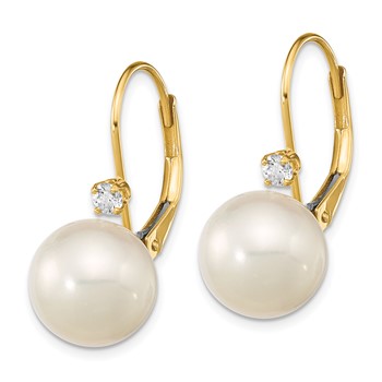14k 9-9.5mm White Round Freshwater Cultured Pearl and .10 Carat Diamond Leverback Earrings — alternate view