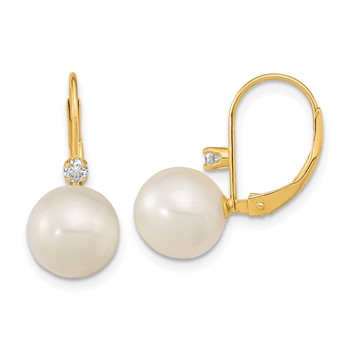 14k 9-9.5mm White Round Freshwater Cultured Pearl and .10 Carat Diamond Leverback Earrings