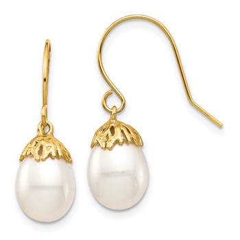 14K 7-8mm White Rice Freshwater Cultured Pearl Shepherd Hook Dangle Earrings