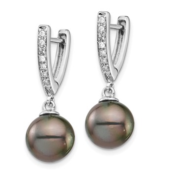 14k White Gold 9-10mm Black Round Tahitian Saltwater Cultured Pearl and .10 Carat Diamond Dangle Earrings — alternate view