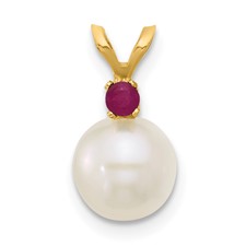 Image of 14k 7-7.5mm White Round Freshwater Cultured Pearl and .09RU Ruby Pendant