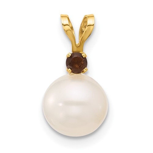 14K 7-7.5mm White Round FWC Pearl Smoky Quartz Pendant