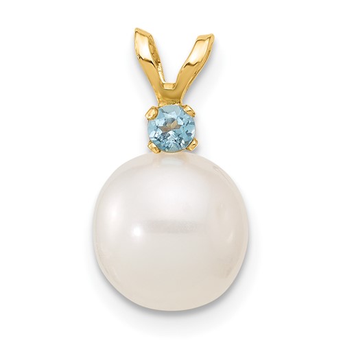 14K Blue Topaz 8-8.5mm White Round FWC Pearl Pendant