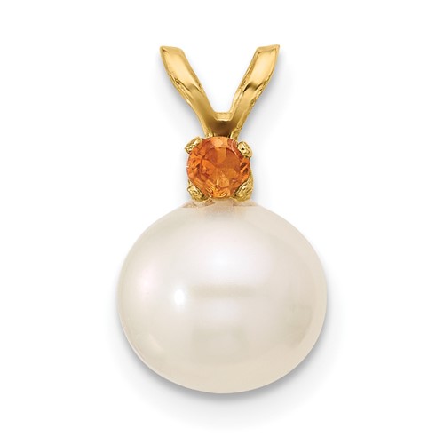 14K Citrine 8-8.5mm White Round FWC Pearl Pendant
