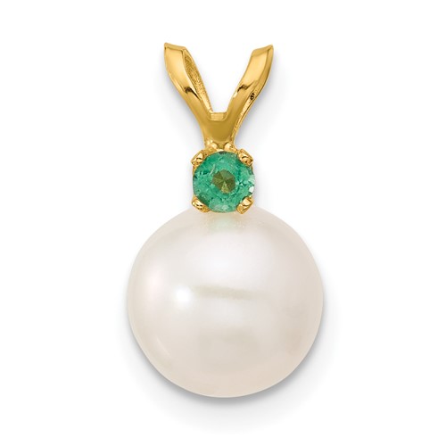 14K Emerald 8-8.5mm White Round FWC Pearl Pendant