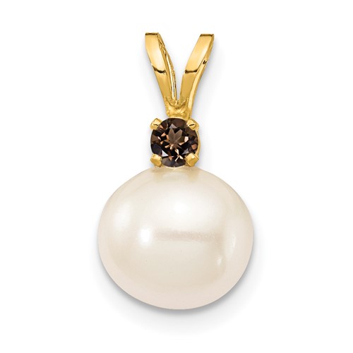 14K Smoky Quartz 8-8.5mm White Round FWC Pearl Pendant