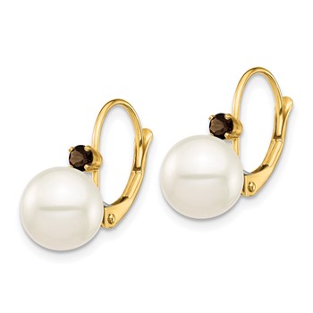 14K 8-8.5mm White Round FWC Pearl Smokey Quartz Leverback Earrings — alternate view