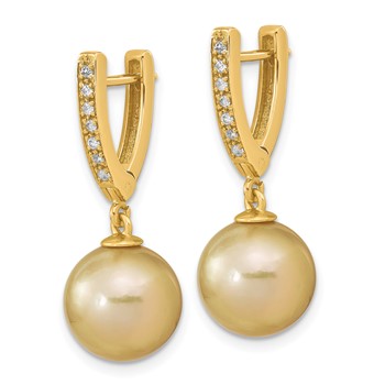 14k 10-11mm Round Golden South Sea Saltwater Cultured Pearl and .105 Carat Diamond Dangle Earrings — alternate view