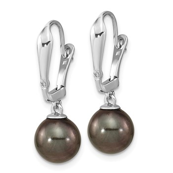 14k White Gold 9-10mm Black Round Tahitian Saltwater Cultured Pearl and .02 Carat Diamond Leverback Dangle Earrings — alternate view