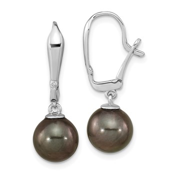 14k White Gold 9-10mm Black Round Tahitian Saltwater Cultured Pearl and .02 Carat Diamond Leverback Dangle Earrings