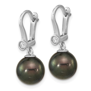 14k White Gold 9-10mm Black Round Tahitian Saltwater Cultured Pearl and .10 Carat Diamond Leverback Dangle Earrings — alternate view