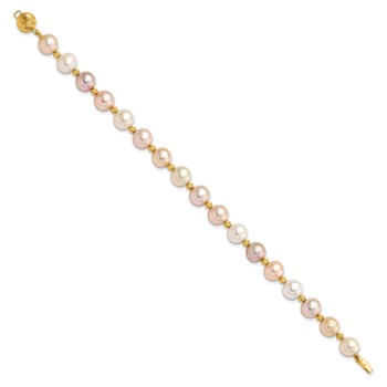 14k 8-9mm Pink/Purple/White Semi-Round Freshwater Cultured Pearl and Diamond-cut Beaded 7.5 inch Bracelet — alternate view
