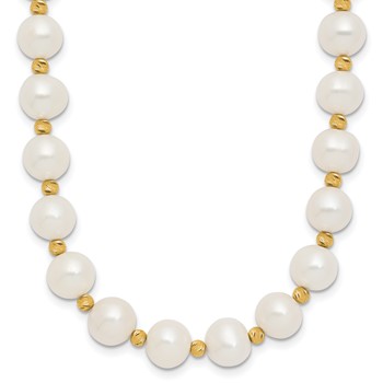 14k 8-9mm White Near-Round Freshwater Cultured Pearl and Diamond-cut Beaded 18 inch Necklace