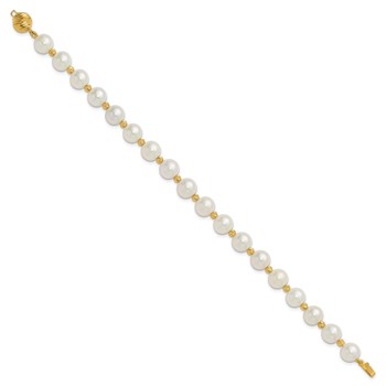 14k 8-9mm White Near-Round Freshwater Cultured Pearl and Diamond-cut Beaded 7.5 inch Bracelet — alternate view