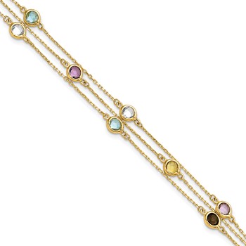 14K Smoky Quartz/White Quartz/Blue Topaz/Citrine/Amethyst 3-strand 7.5 inch Bracelet