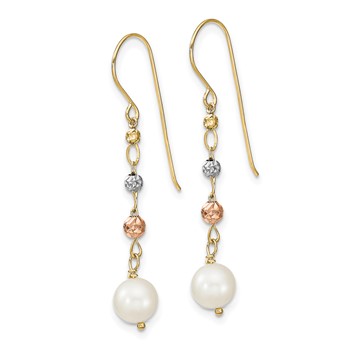 14K Tri-color 6-7mm White Semi-round Freshwater Cultured Pearl and Diamond-cut Bead Shepherd Hook Dangle Earrings — alternate view