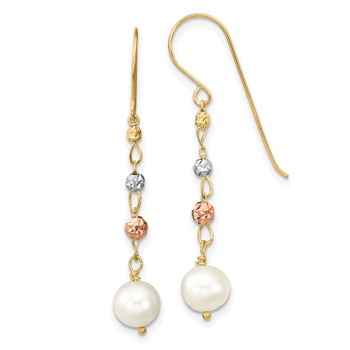 14K Tri-color 6-7mm White Semi-round Freshwater Cultured Pearl and Diamond-cut Bead Shepherd Hook Dangle Earrings